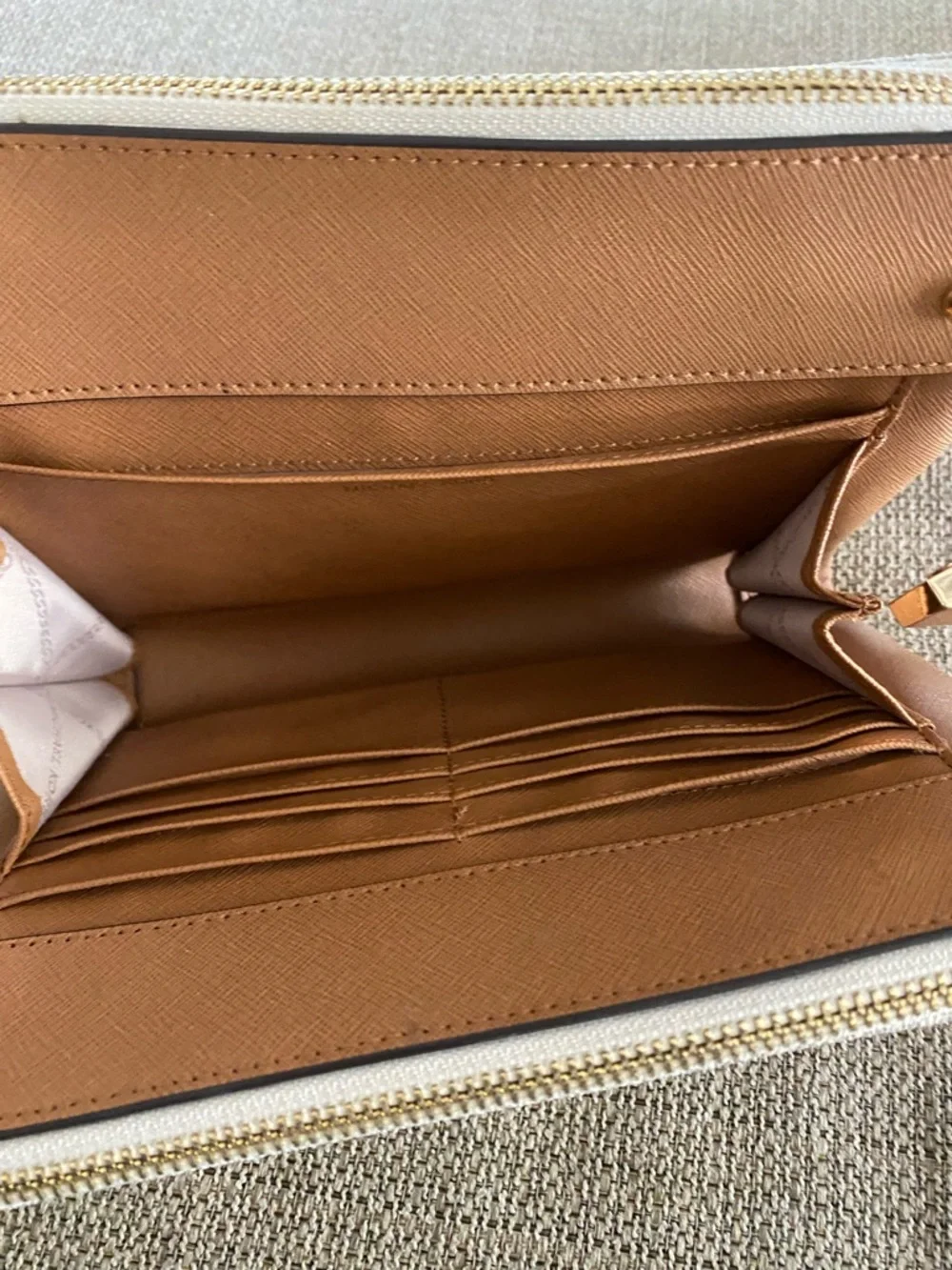 Michael Kors Cream Signature Crossbody with Brown Trim and Gold Accents